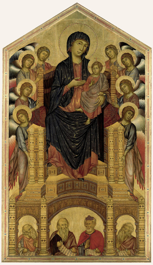 Cenni di Pepo, dit Cimabue, La Vierge à l’Enfant entourée d'anges, dite Maestà de Santa Trinità, vers 1295. Tempera et or sur bois, 384 x 223 cm. Florence, Gallerie degli Uffizi.
