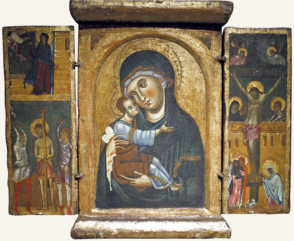 Peintre actif à Pise (?), Triptyque, milieu du XIIIe siècle. Scènes : Annonciation et Flagellation, Vierge à l’Enfant, Crucifixion. Tempera sur bois, 42,2 x 52,2 x 5,5 cm. Princeton, Princeton University Art Museum.