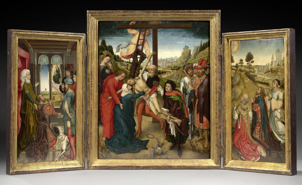 Vrancke van der Stockt ou le Maître de la Rédemption du Prado et atelier (actif à Bruxelles, avant 1424-1495), Triptyque : La Descente de Croix (au centre), L’Empereur Auguste et la sibylle de Tibur (recto, panneau latéral gauche), et La vision des Rois Mages (panneau latéral droit). Huile et tempera sur panneaux de chêne, 61 x 50 cm (panneau central), 52,5 x 27 cm (panneaux latéraux). Vente Paris, Artcurial, 30 avril 2025. Estimé : 1,2/1,8 M€. Adjugé : 1 042 400 € (frais inclus).