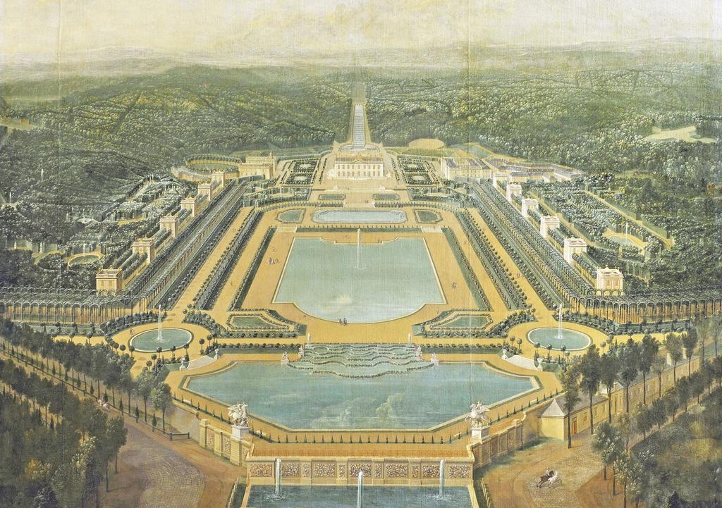 Vue générale du château, des pavillons et des jardins de Marly (détail), par Pierre-Denis Martin, vers 1724. Musée national des châteaux de Versailles et de Trianon, MV 762.