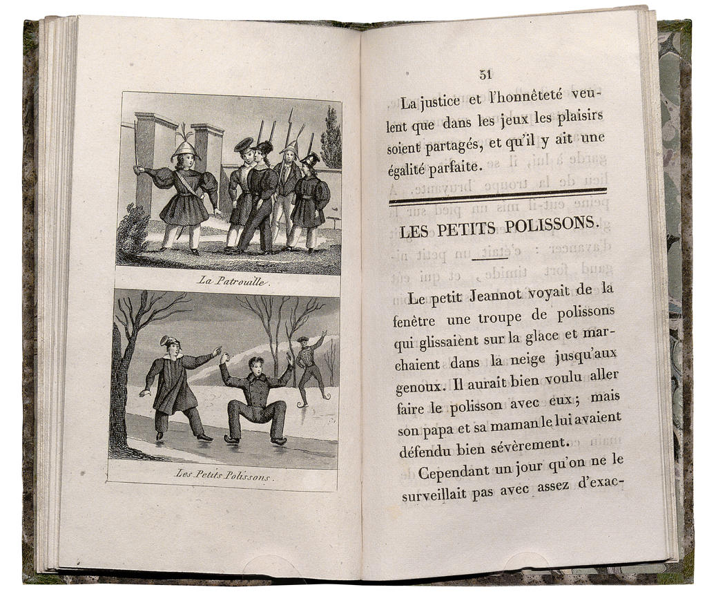 Anonyme, Abécédaire des petits garçons, p. 50-51, premières lectures, illustrées par la lithographie. Cote BENC : 8R301.