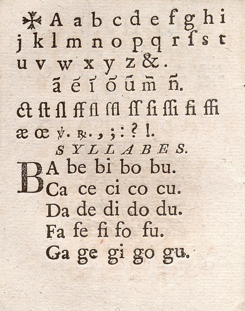 Anonyme, Alphabet et instruction pour les enfans, p. 1, l'alphabet. Cote BENC : 8R302.