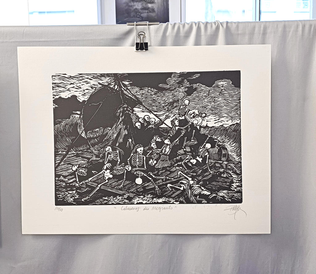 Calaveras des migrants, 2019, linogravure, 25 x 35 cm (matrice), 30 x 40 cm (feuille). 