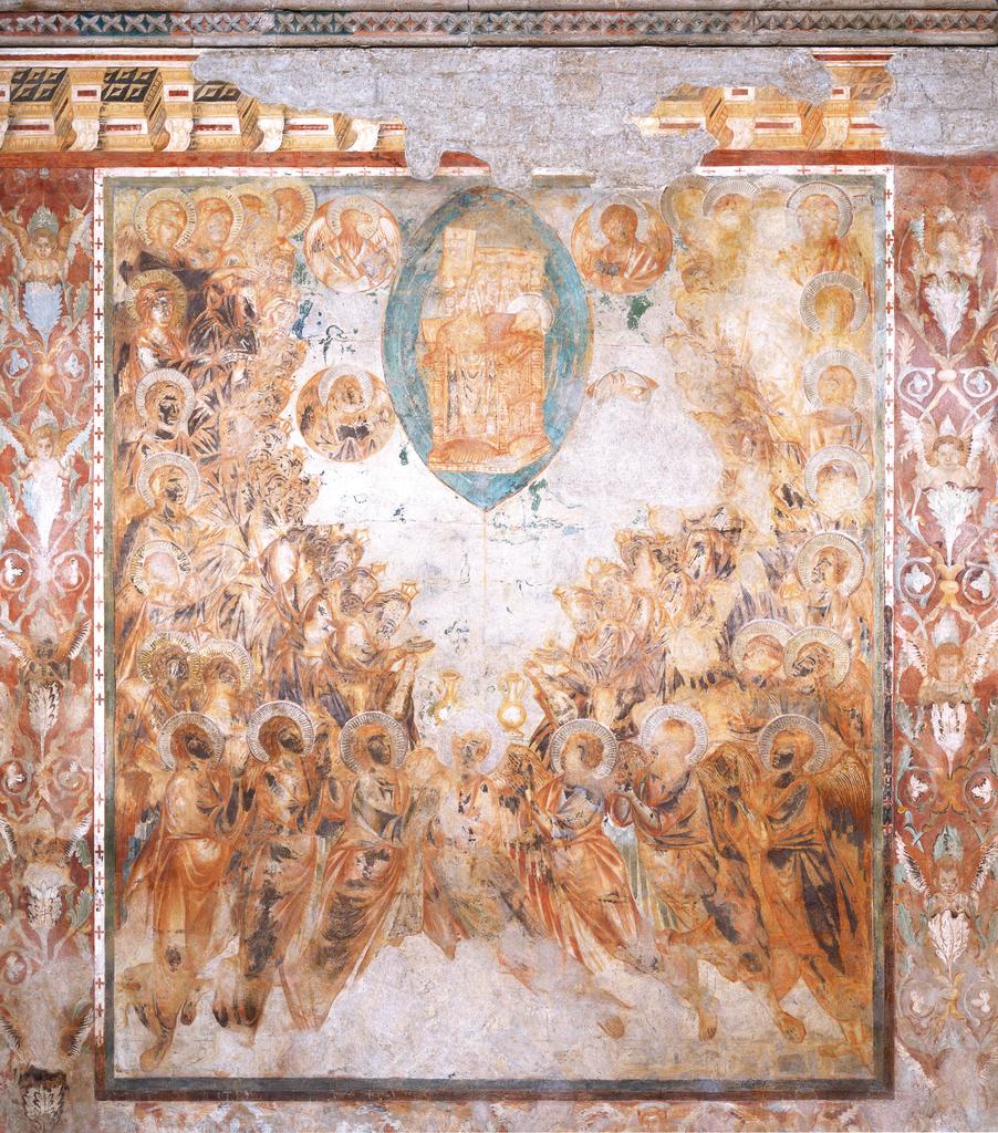 Cenni di Pepo, dit Cimabue, L’Adoration de l’Agneau, vers 1290. Fresque. Assise, basilique supérieure San Francesco. Cette vue permet de voir l’effet produit par les consoles peintes en trompe-l’œil sous la corniche.