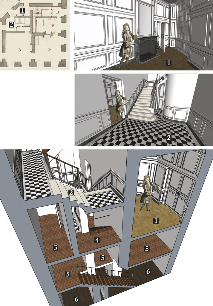 Pavillon royal, coupe du « trou noir » de l’appartement de la reine et des caves au premier et au deuxième niveau. 