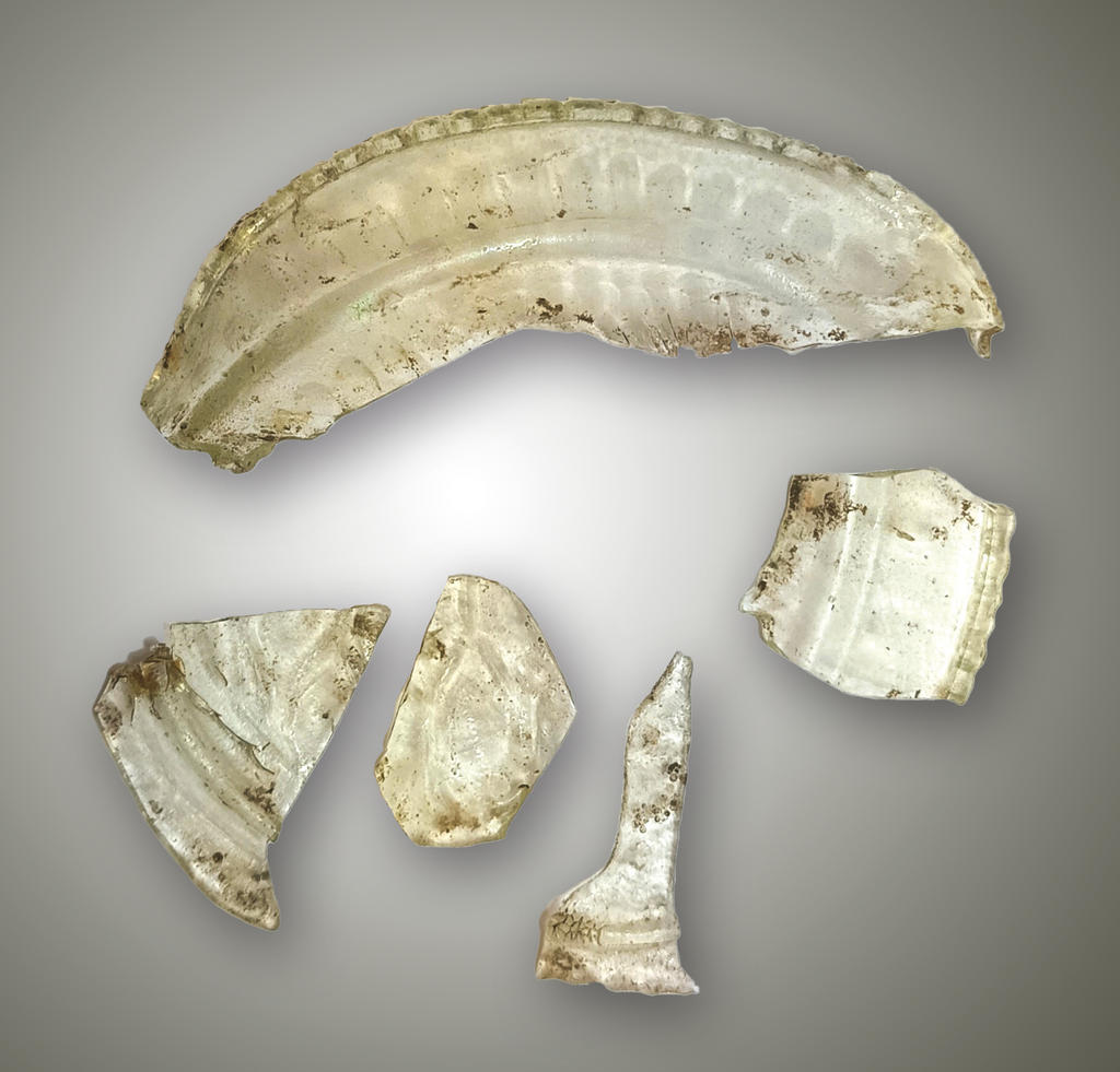 Coupe en verre incolore gravé et déformé par la chaleur dans la fosse-bûcher F484.