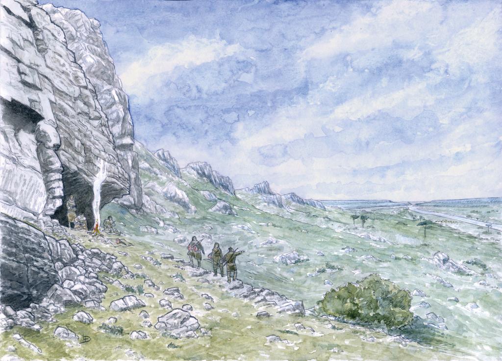 Évocation du Rocher de l’Impératrice à l’Azilien ancien, avec la vallée de l’Elorn jusqu’au goulet de Brest (à sec).