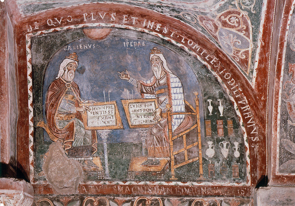 Galien et Hippocrate. Fresque, 1231-1255, dans la crypte de l’église d’Anagni, Latium. 