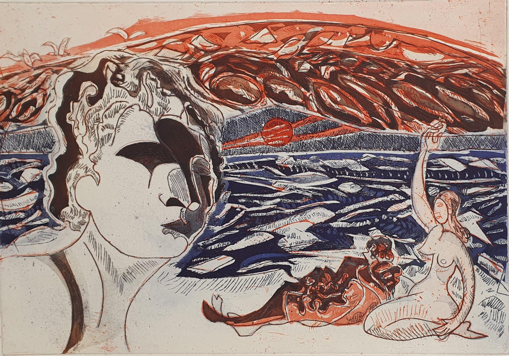 Henri Landier, Terres inconnues, gravure à l’eau-forte et aquatinte issue de la suite « Le voyage initiatique de Rabelais », 1968.