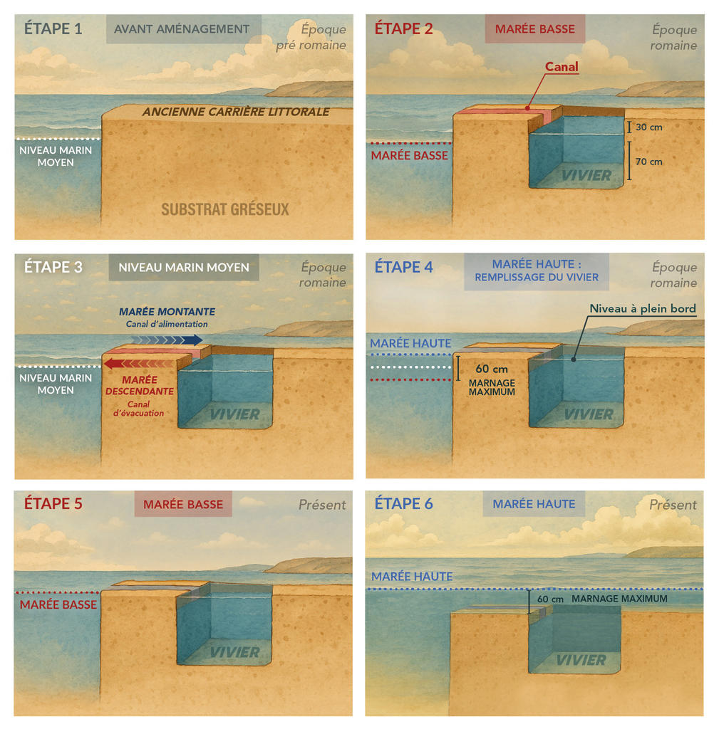Modèle d’ingénierie côtière antique : le vivier en six étapes, depuis la transformation d’un affleurement rocheux en bassin fonctionnel destiné à l’aquaculture, jusqu’à son abandon.