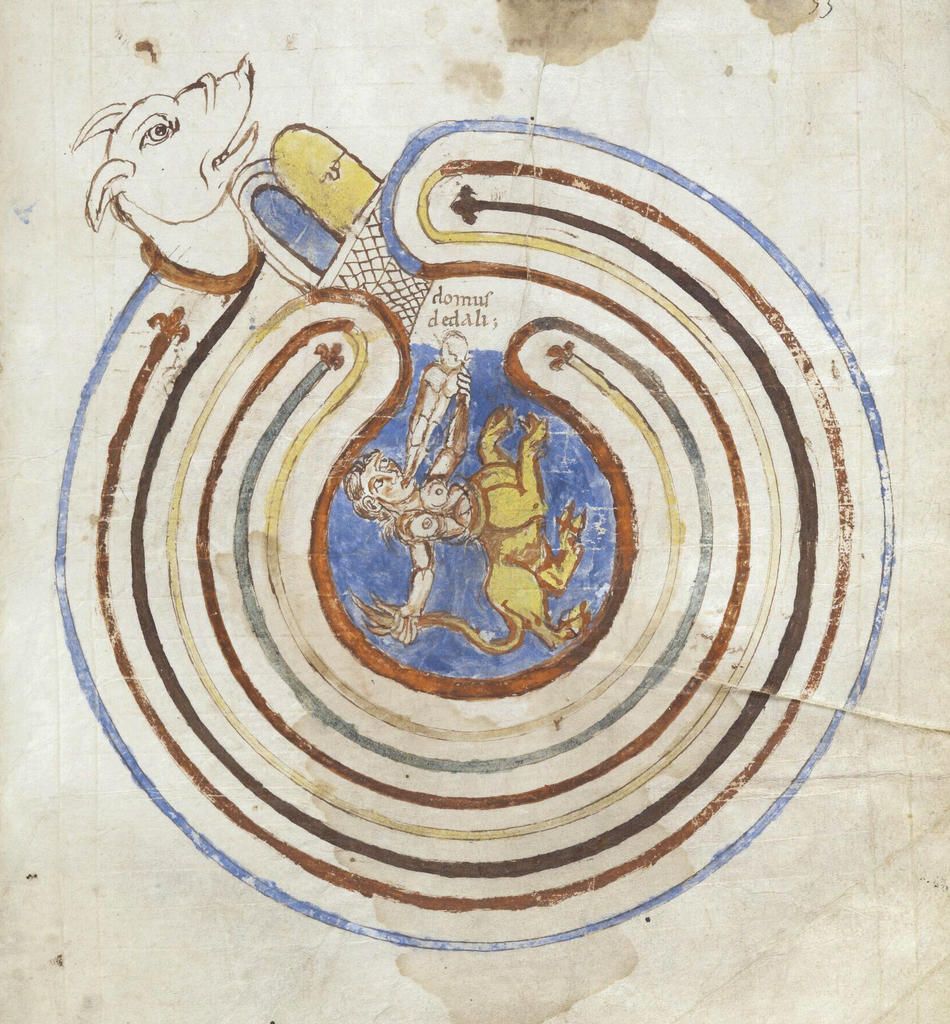 Codex Theodosiani : motif de labyrinthe circulaire à sept spires avec figure de minotaure dévorant un être humain en son centre et inscription domus dedali. France, IXe-Xe siècles, parchemin. Paris, BnF.