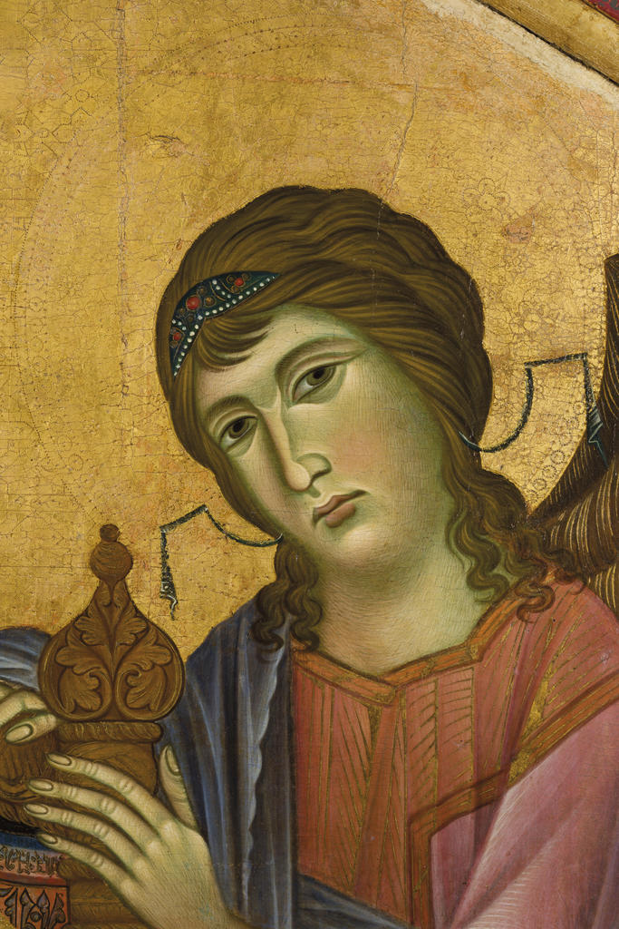 Cenni di Pepo, dit Cimabue, La Maestà, vers 1280‑85. Détail de l’un des anges. Tempera et or sur bois, 424 x 276 cm. Paris, musée du Louvre.