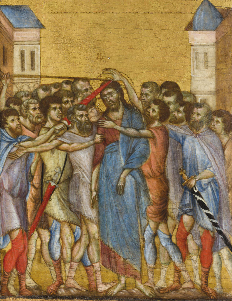 Cenni di Pepo, dit Cimabue, La Dérision du Christ, vers 1285‑90. Tempera et or sur bois, 25,8 x 20,3 cm. Paris, musée du Louvre. 