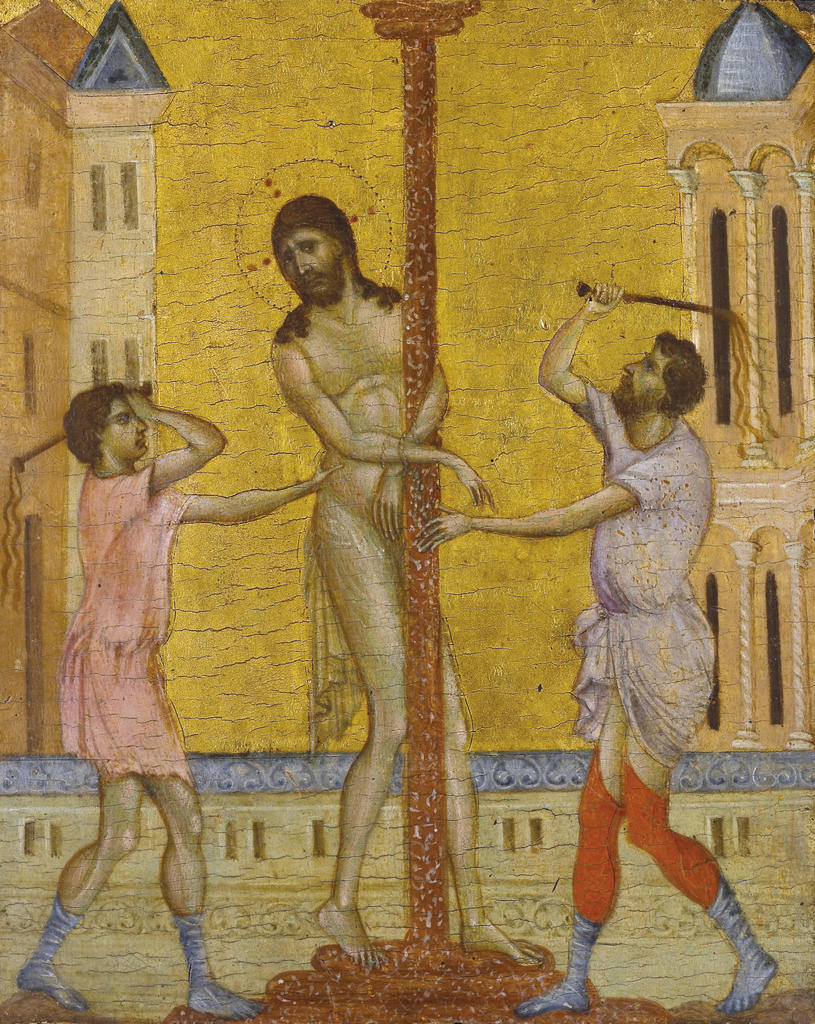 Cenni di Pepo, dit Cimabue, La Flagellation, vers 1285‑90. Tempera et or sur bois, 24,7 × 20 cm. New York, The Frick Collection.