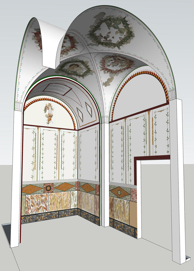 Schéma axonométrique de la salle voûtée et de son alcôve. 