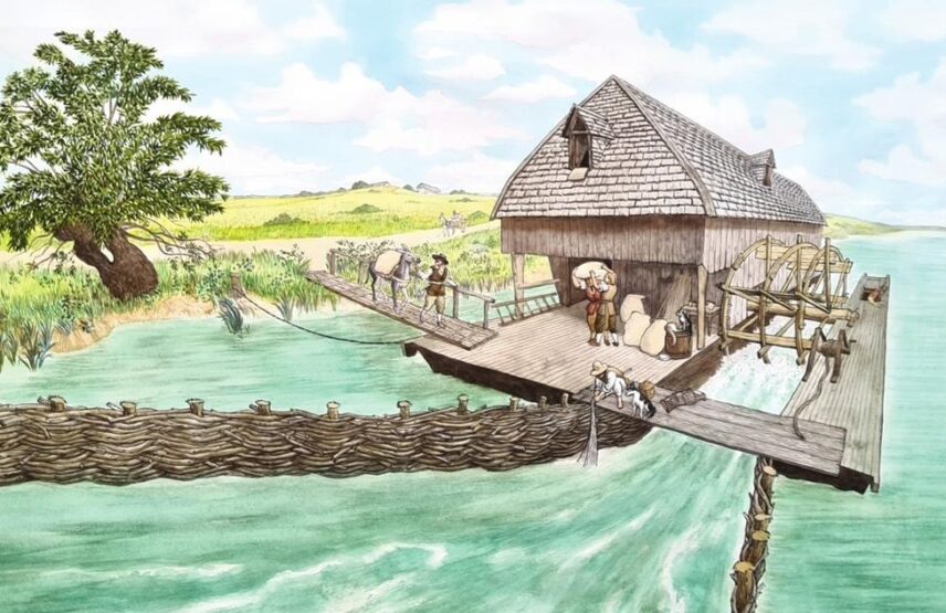 Restitution aquarellée du moulin-bateau de Sermesse.