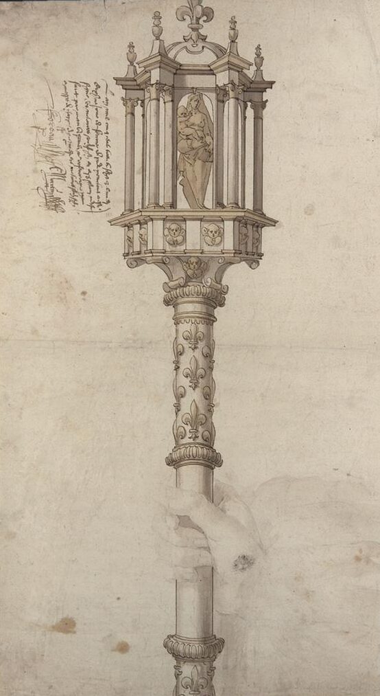 Giovanni Battista di Jacopo di Guasparre, dit Rosso Fiorentino (1494-1540), Projet du bâton cantoral de Notre-Dame, 1538. Dessin à la plume et encre brune sur léger croquis à la pierre noire, lavis brun et jaune ; piqué pour le transfert, 52 x 29,6 cm. Collection particulière.