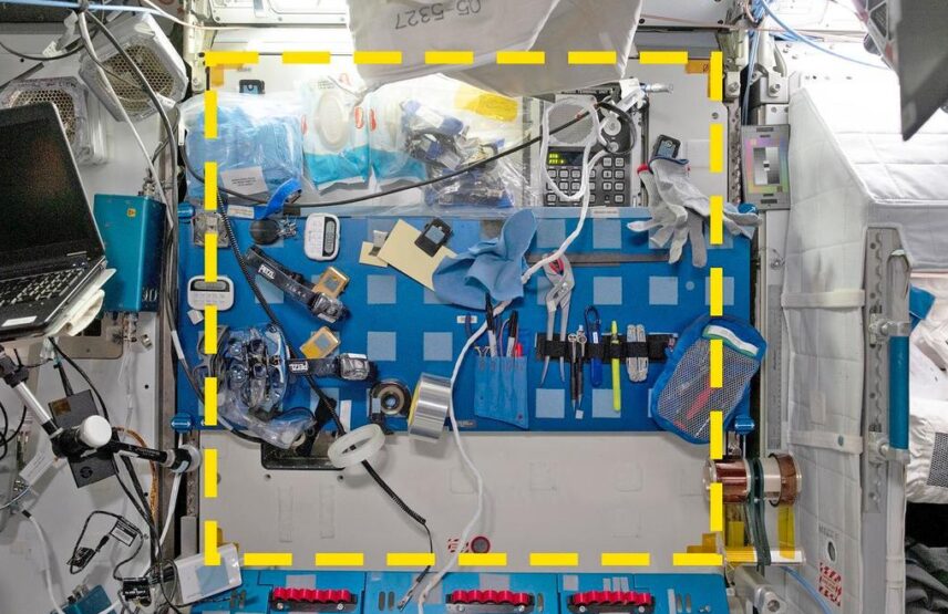 Emplacement d’un échantillon del’expérience SQuARE, dans la zone de travail de maintenance tribord de la Station spatiale internationale.