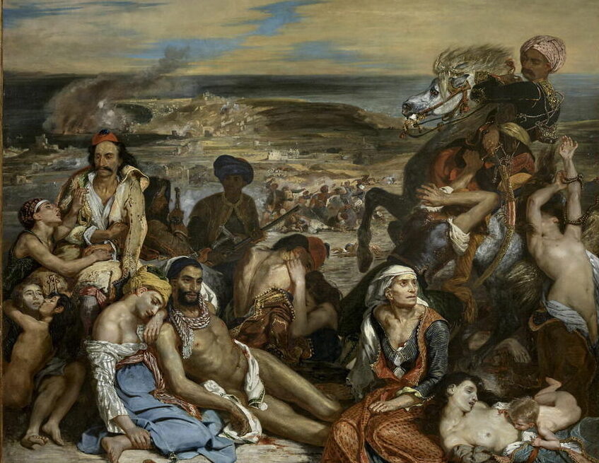 Eugène Delacroix, Scènes des massacres de Scio (après restauration), 1824. Huile sur toile, 417 x 354 cm. Paris, musée du Louvre, département des peintures.