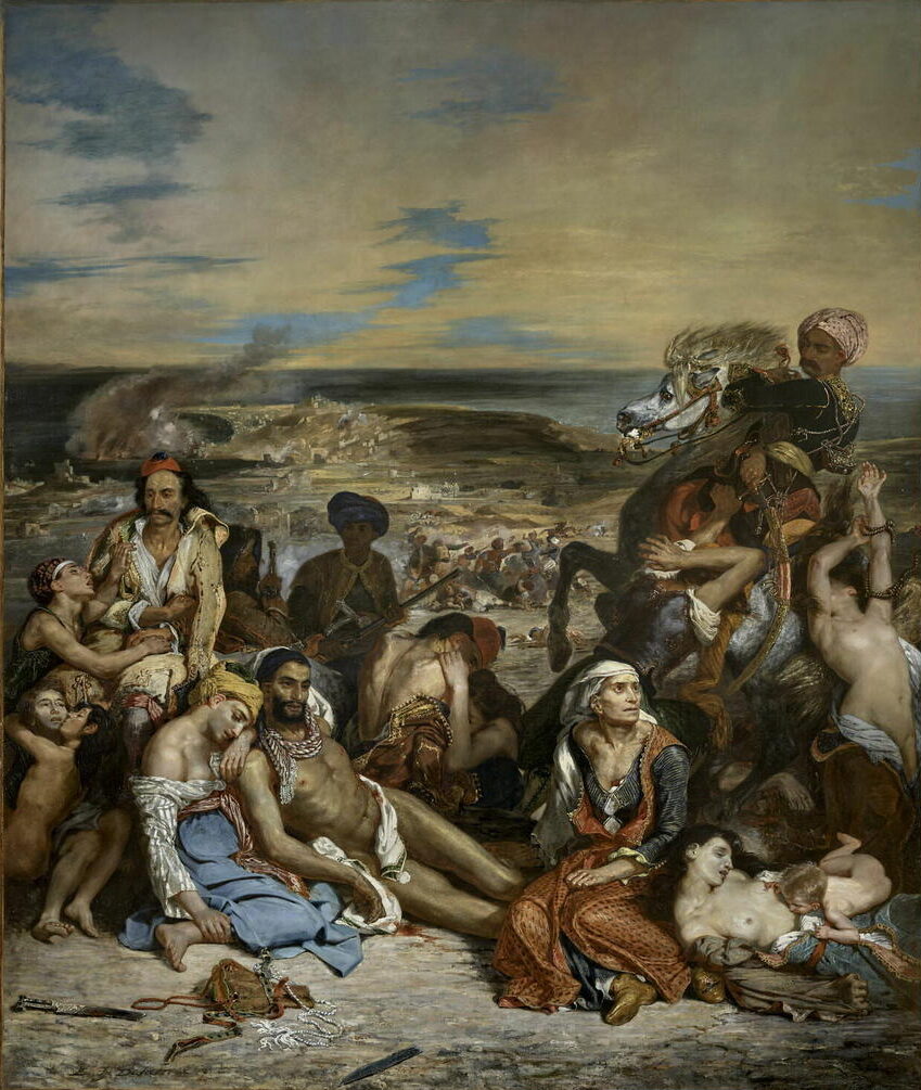 Eugène Delacroix, Scènes des massacres de Scio (après restauration), 1824. Huile sur toile, 417 x 354 cm. Paris, musée du Louvre, département des peintures.