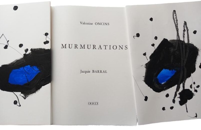 Murmurations, livre d’artiste, 2024, édition originale du poème de Valentine Oncins, texte bilingue, composition et impression par Laurent Né, peintures de Jacquie Barral.