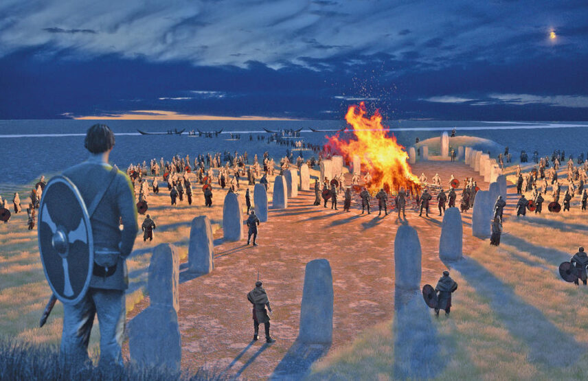 Restitution d’un bûcher funéraire au centre d’un alignement naviforme. Vejerslev, VIIᵉ siècle.