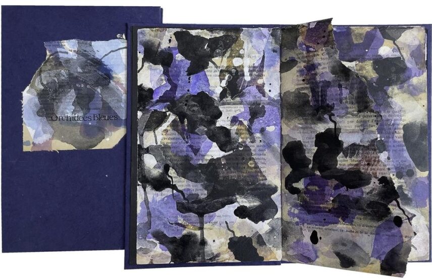 Éditions Tachikawa, Orchidées Bleues, encre de Chine, aquarelles sur les pages d’un livre ancien, relié par l’artiste, 48 p., format 25 x 16 cm, 3 éditions uniques, 2024.© Éd.Tachikawa.