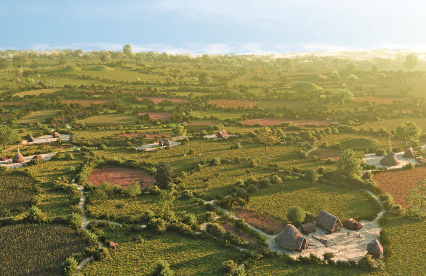 Évocation d’un paysage rural au bronze final d’après les fouilles réalisées à Lauwin-Planque (Pas‑de‑Calais) par le Direction de l’archéologie préventive du Douaisis. Fouille Emmanuelle Langelin.