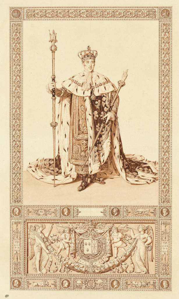 Jean-Auguste-Dominique Ingres (1780-1867), Charles X en costume de sacre, Album du Sacre de Charles X, folio 10.  Lavis brun, encre noire, mine de plomb et dessin à la plume, 66 x 46,9 cm. Paris, département des Arts graphiques du musée du Louvre.