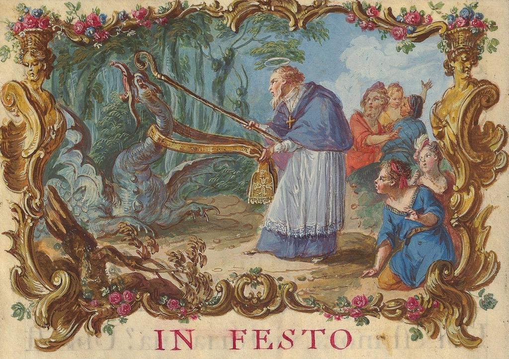 Épistolier du trésor (Liber epistolarum ad usum Ecclesiae metropolitanae Parisiensis), Paris, 1753-1756 : Miracle de saint Marcel capturant le dragon avec son étole et sa crosse avant de le chasser de Paris (détail). Encre, or et peinture sur parchemin, tranches dorées, 36 x 26 cm. Paris, Bibliothèque nationale de France, ms. Latin 8895, p. 78.