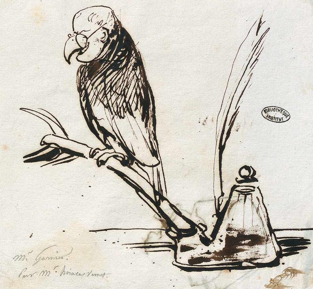 Horace Vernet, Étienne-Barthélemy Garnier en volatile sur un encrier. Plume et encre noire. Paris, Bibliothèque de l'Institut de France.