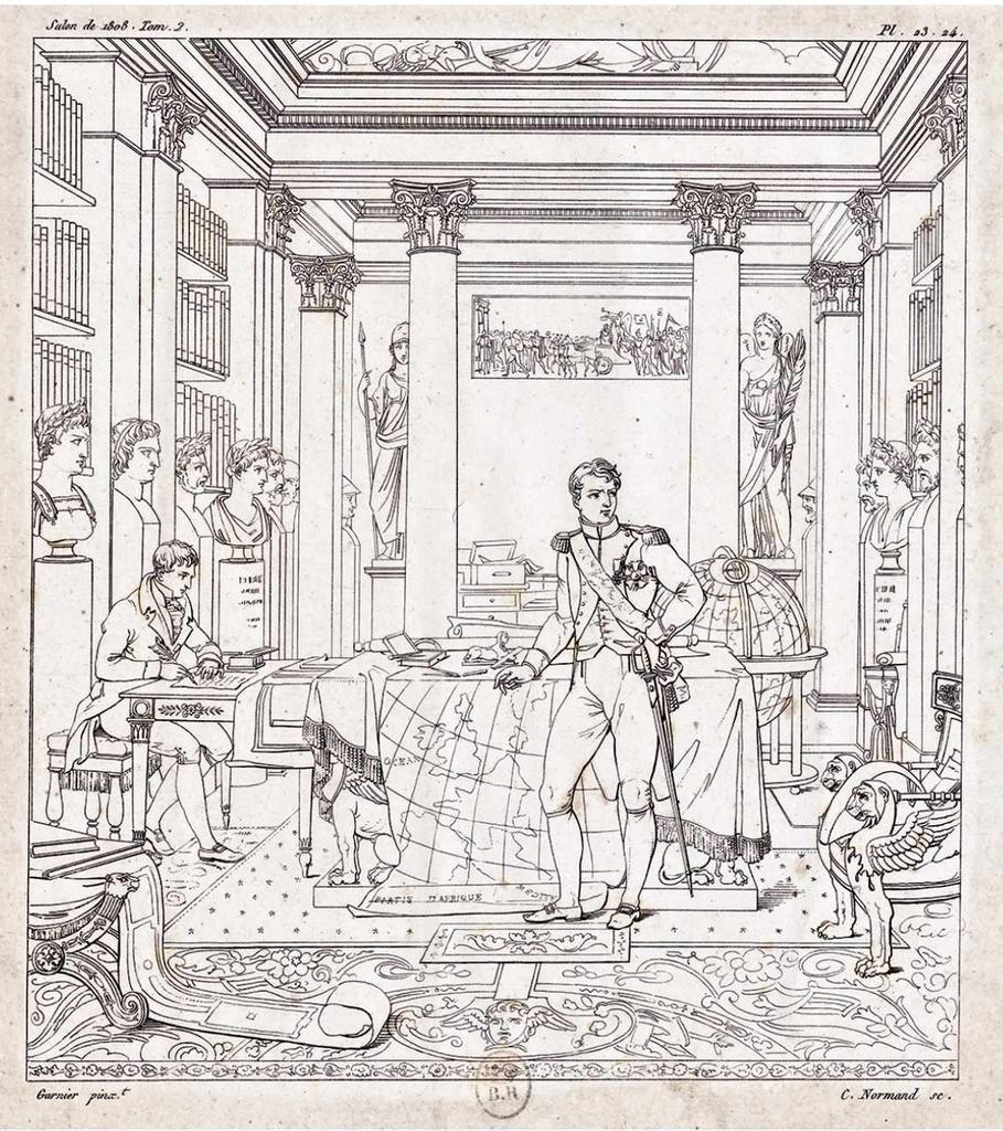 Charles Normand, gravure au trait pour les Annales du Musée et de l'école moderne des beaux-arts : recueil de morceaux choisis parmi les ouvrages de peinture et de sculpture exposés au musée du Louvre... de C. P. Landon, Paris, 1808. 26,1 x 39,1 cm.