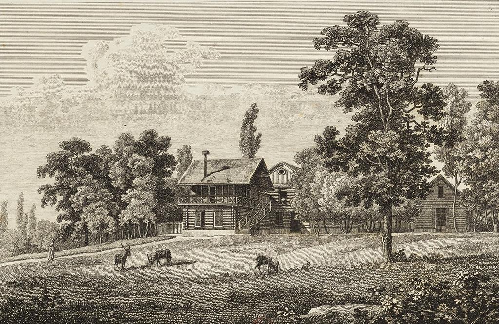 Jean-Jérôme Baugean, La Maison russe au Raincy, eau-forte extraite de : Alexandre de Laborde, Description des nouveaux jardins de la France et de ses anciens châteaux..., Paris, 1808, planche 77.
