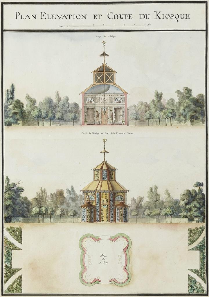 Chambé (attribué à), Plan, élévation et coupe du Kiosque de Chantilly, planche extraite de l’Album du comte du Nord : recueil des plans des châteaux, parcs et jardins de Chantilly levé en 1784. Encre, aquarelle et gouache, 64,5 x 48,5 cm. Chantilly, musée Condé.