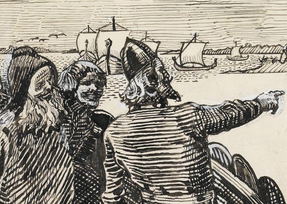 Christian Krohg, Le chef Håkon fit débarquer tous les prêtres et les savants [Håkon jarl satte allede lærde menn opp på land] (détail), illustration pour La Saga d’Óláf Tryggvason [Olav Tryggvasons saga], dans Snorri Sturluson, Histoire des rois de Norvège [Kongesagaer], Kristiania, 1899, 1895-99. Plume et encre, gouache et crayon sur papier, 14,3 x 25,1 cm. Oslo, Nasjonalmuseet.