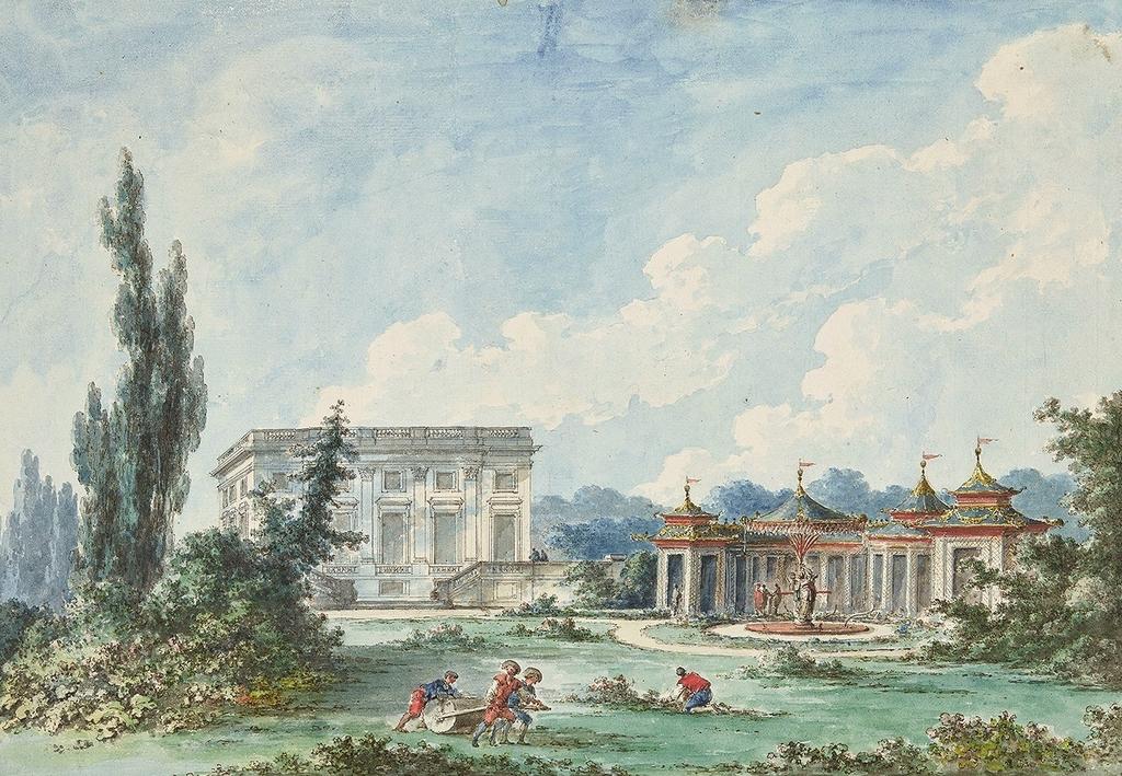 Claude-Louis Châtelet, Vue du Jeu de Bague, de sa gallerie et d’une des façades du Château du Petit Trianon, 1786. Aquarelle sur papier vergé, 29,7 x 43,7 cm. Versailles, musée national des châteaux de Versailles et de Trianon.
