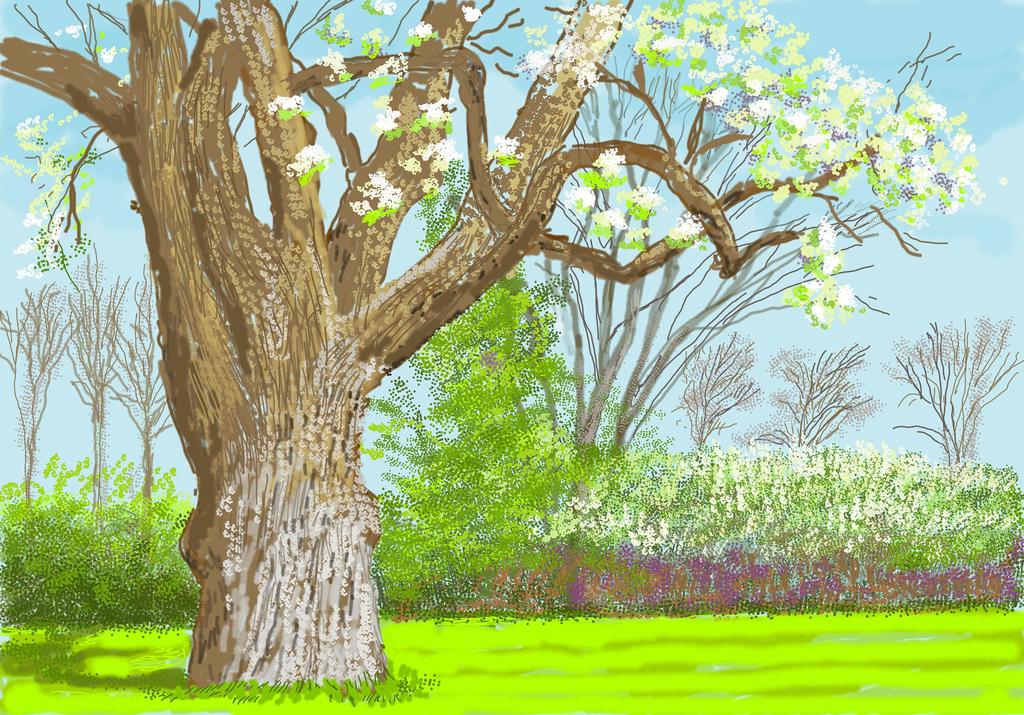 David Hockney (né en 1937), 27th March 2020, No. 1. Peinture sur iPad imprimée sur papier, montée sur cinq panneaux en aluminium, 364,1 x 521,4 cm.