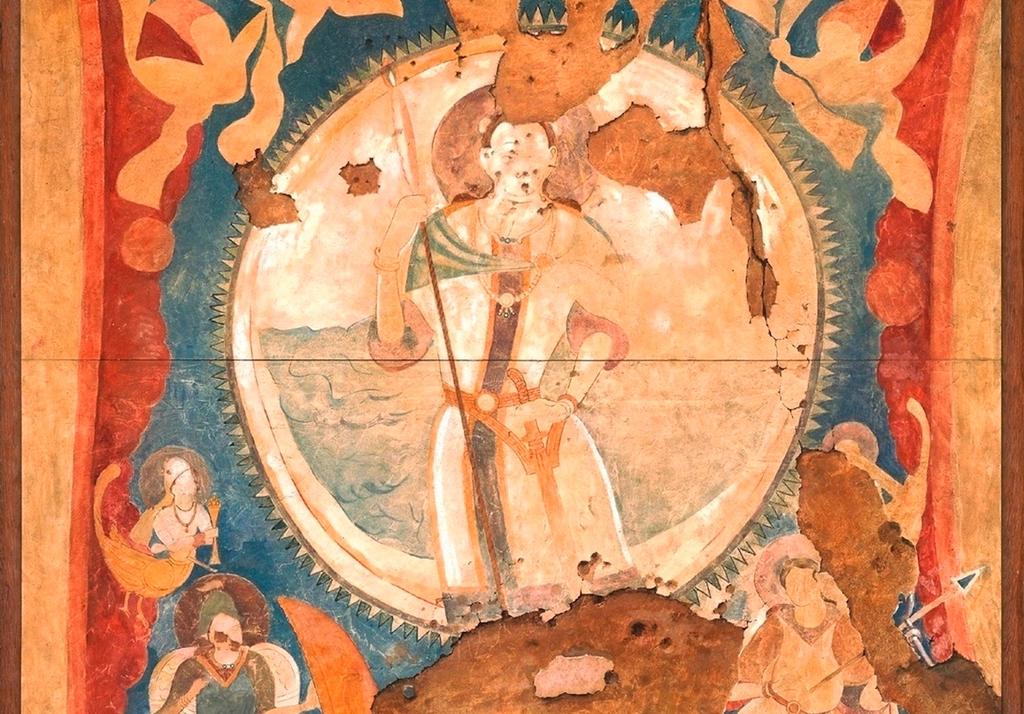 Dieu solaire Surya sur son char (détail). Relevé de peinture de la niche du Bouddha de 38 m, exécuté par Jean Carl en 1935. Gouache sur toile. H. 275 ; L. 186 cm. Fouilles de la DAFA, mission Joseph Hackin (1930). Paris, MNAAG, MG 24012.
