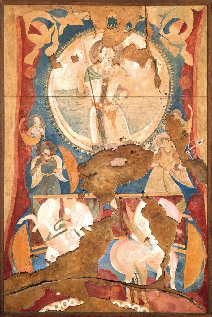 Dieu solaire Surya sur son char. Relevé de peinture de la niche du Bouddha de 38 m, exécuté par Jean Carl en 1935. Gouache sur toile. H. 275 ; L. 186 cm. Fouilles de la DAFA, mission Joseph Hackin (1930). Paris, MNAAG, MG 24012.