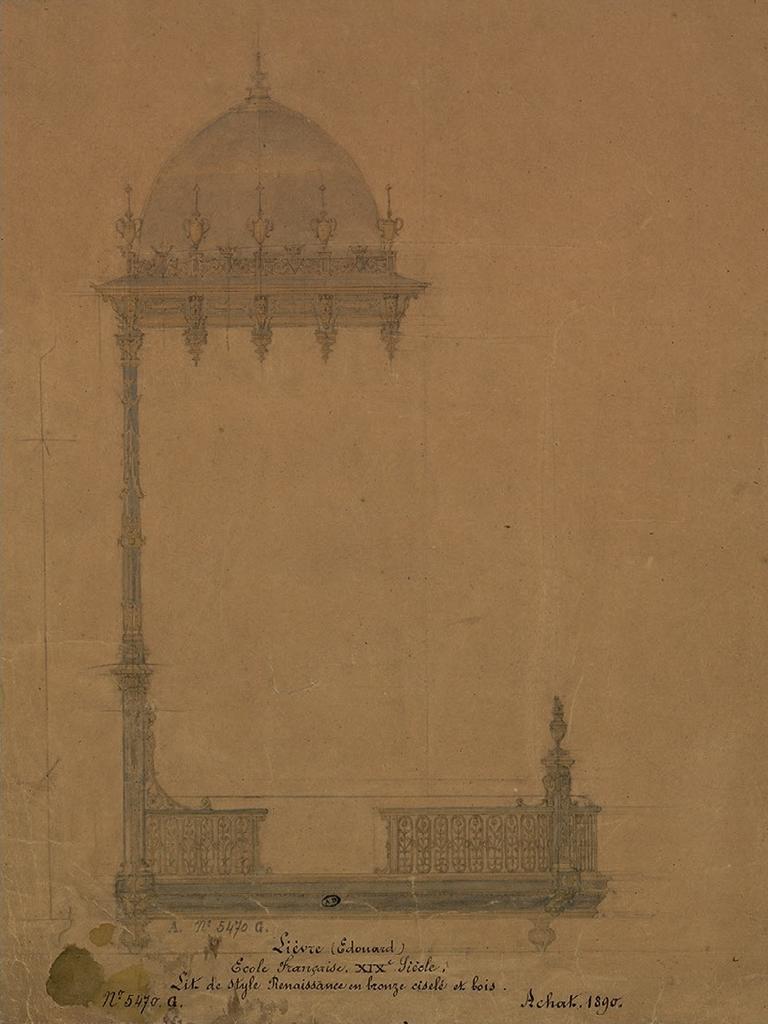 Édouard Lièvre, Projet de lit de style Renaissance pour Valtesse de la Bigne, vers 1880. Graphite et aquarelle sur papier vélin, 59 x 44 cm. Paris, MAD, achat en 1890.