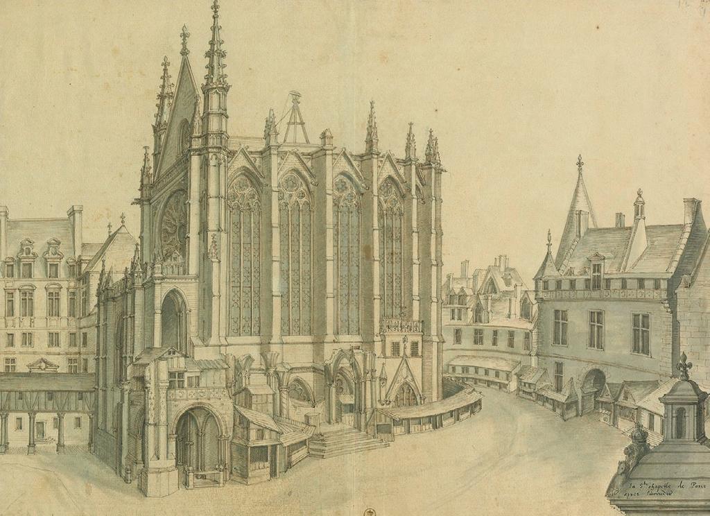 Étienne Martellange (1569-1641), Vue de la Sainte-Chapelle de Paris après l’incendie (après 1630). Encre brune, lavis d’encre de Chine, plume, 40 x 55 cm. Paris, Bibliothèque nationale de France.