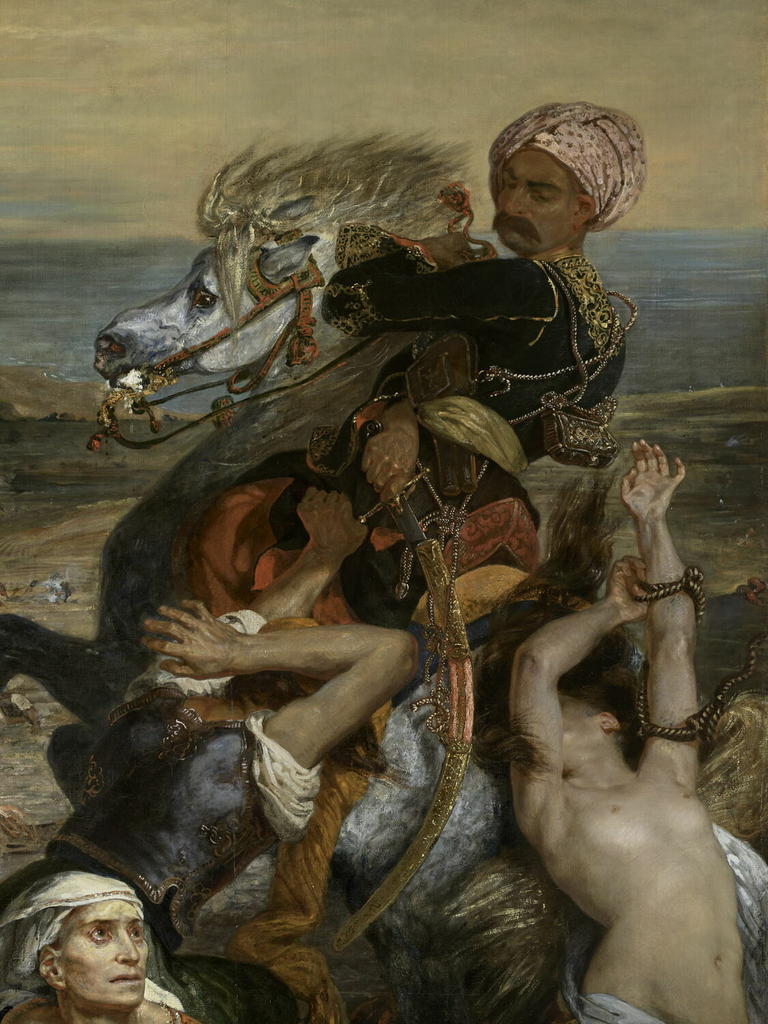 La restauration a révélé la présence d’un cadavre qui se devine sous les jambes du cheval cabré. Delacroix utilise ici une technique de piquetage pour évoquer les traces de strangulation sur les bras de la jeune femme enchaînée : il s’agit d’une allégorie du viol. Il note dans son Journal : « Commencer avec un balai et finir avec une pointe d’aiguille ».