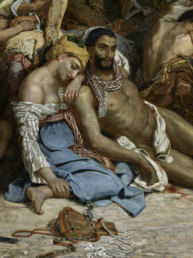 On distingue bien sur ce détail les traits de vermillon et de bleu posés à coup de brosse pour accentuer l’éclat des carnations, particulièrement sur l’oreille de la femme au turban.