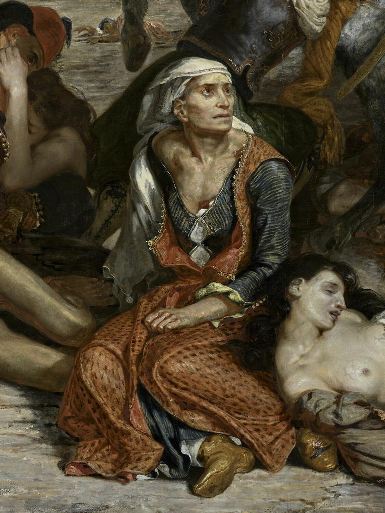 Eugène Delacroix, Scènes des massacres de Scio (détail après restauration), 1824. Huile sur toile, 417 x 354 cm. Paris, musée du Louvre, département des peintures.
