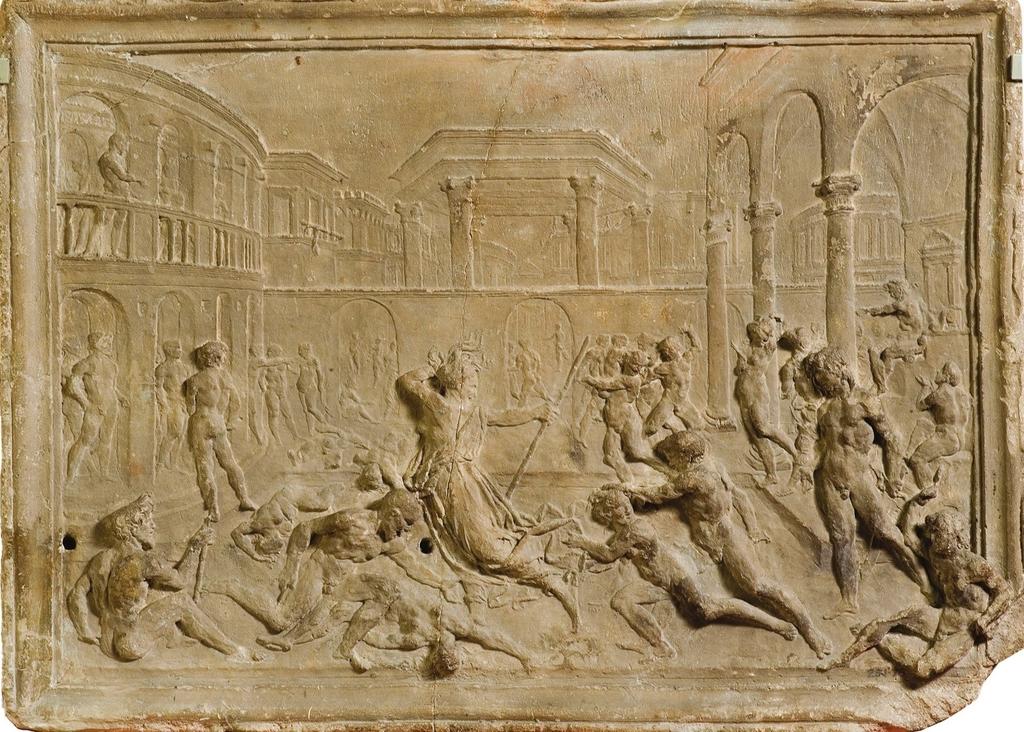 Francesco di Giorgio Martini (1439-1501), Scène de conflit entre des hommes et des femmes (Lycurgue et les ménades ?), vers 1474-1480. Stuc peint, 32,1 x 41,7 x 6,3 cm. Londres Victoria and Albert Museum.