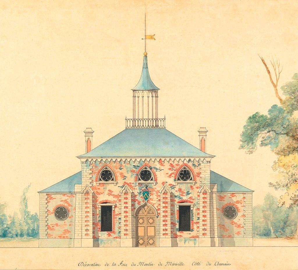 François Joseph Bélanger, Projet d'élévation pour le moulin de Méréville, vers 1755-1818. Crayon, encre noire et aquarelle sur papier vergé, 34,5 x 54,1 cm. New York, Metropolitan Museum of Art.