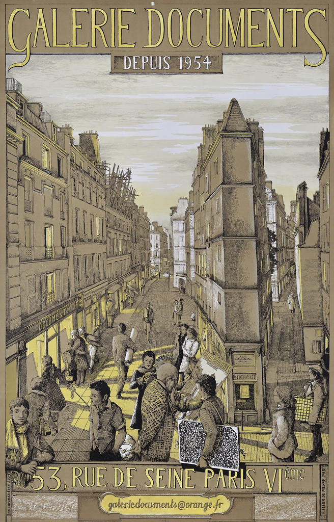 Érik Desmazières (né en 1948), Galerie Documents, 2024, affiche pour le cinquantenaire de la galerie, aluminographie en quatre couleurs, 119 x 76,5 cm, atelier À Fleur de Pierre, Paris.
