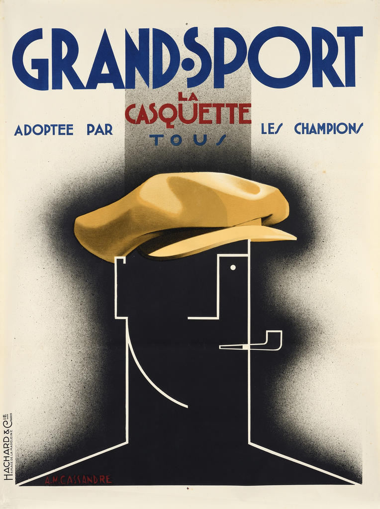 Cassandre (1901-1968), Grand-Sport, la casquette adoptée par tous les champions, 1925, lithographie, 80 x 60,7 cm, Impr. Hachard & Cie, Paris (archives Galerie Documents). 