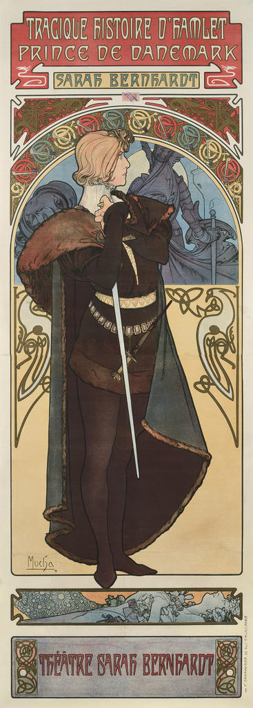 Alfons Mucha (1860-1939), Tragique Histoire d’Hamlet, prince de Danemark, 1899, lithographie, 196,5 x 67,5 cm, Impr. F. Champenois, Paris (archives Galerie Documents).