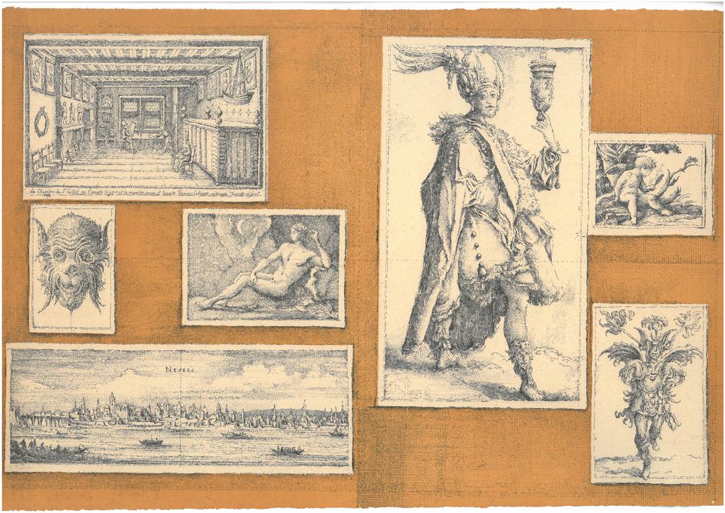 Érik Desmazières, François, Jacques, Laurent, Sébastien & les autres, un mélange pour Jacques Thuillier, 2024, eau-forte avec aquatinte pour le fond, imprimée à bords perdus sur Lana ancien, 60 ex., 27 × 42 cm, gravure originale placée dans le tirage de tête de L’Art du XXe siècle autrement, éd. Faton. 